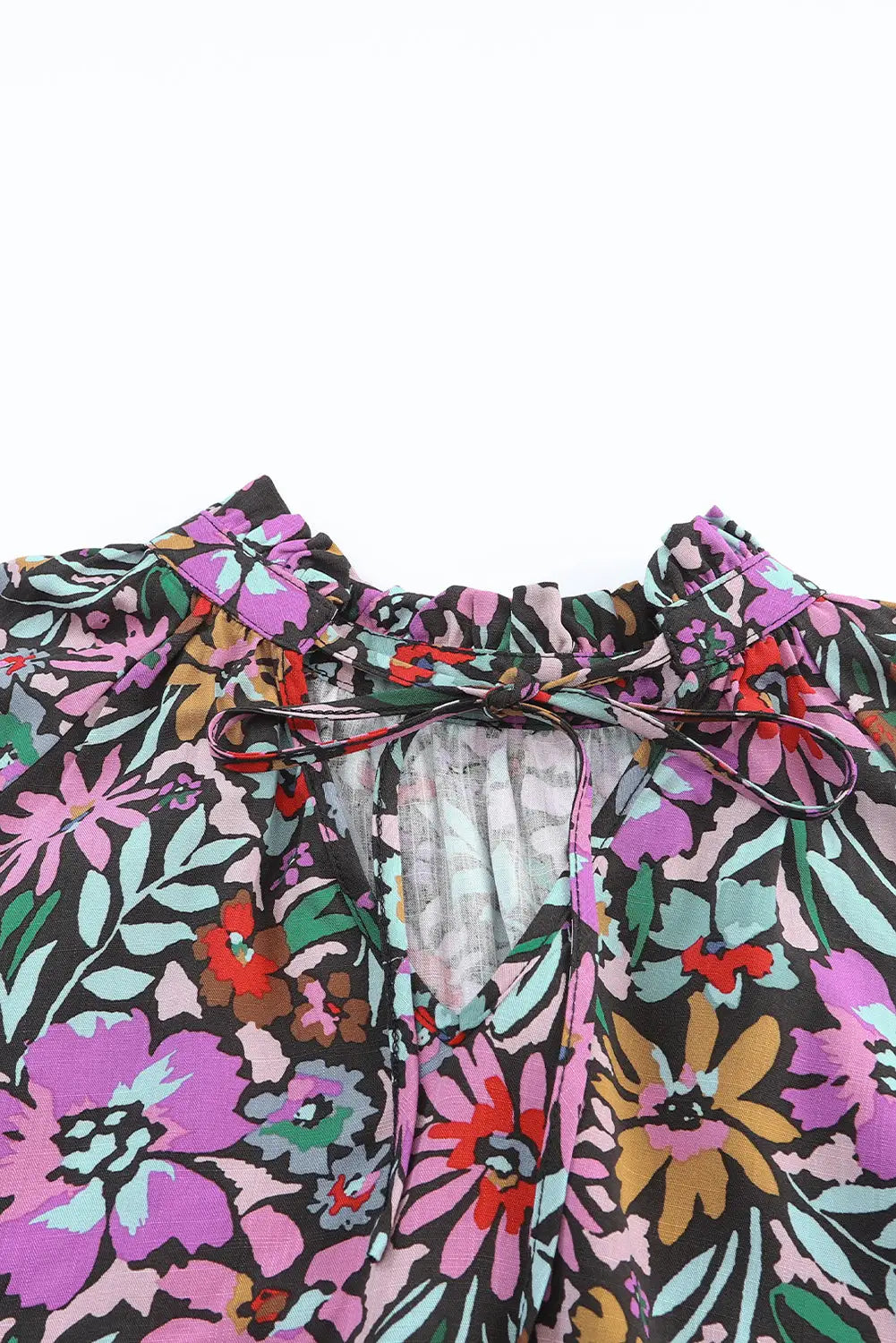 Multicolor floral print ruffled long sleeve v-neck blouse - tops