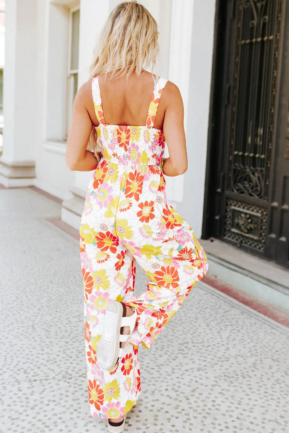 Multicolor floral print shirred sleeveless wide leg jumpsuit