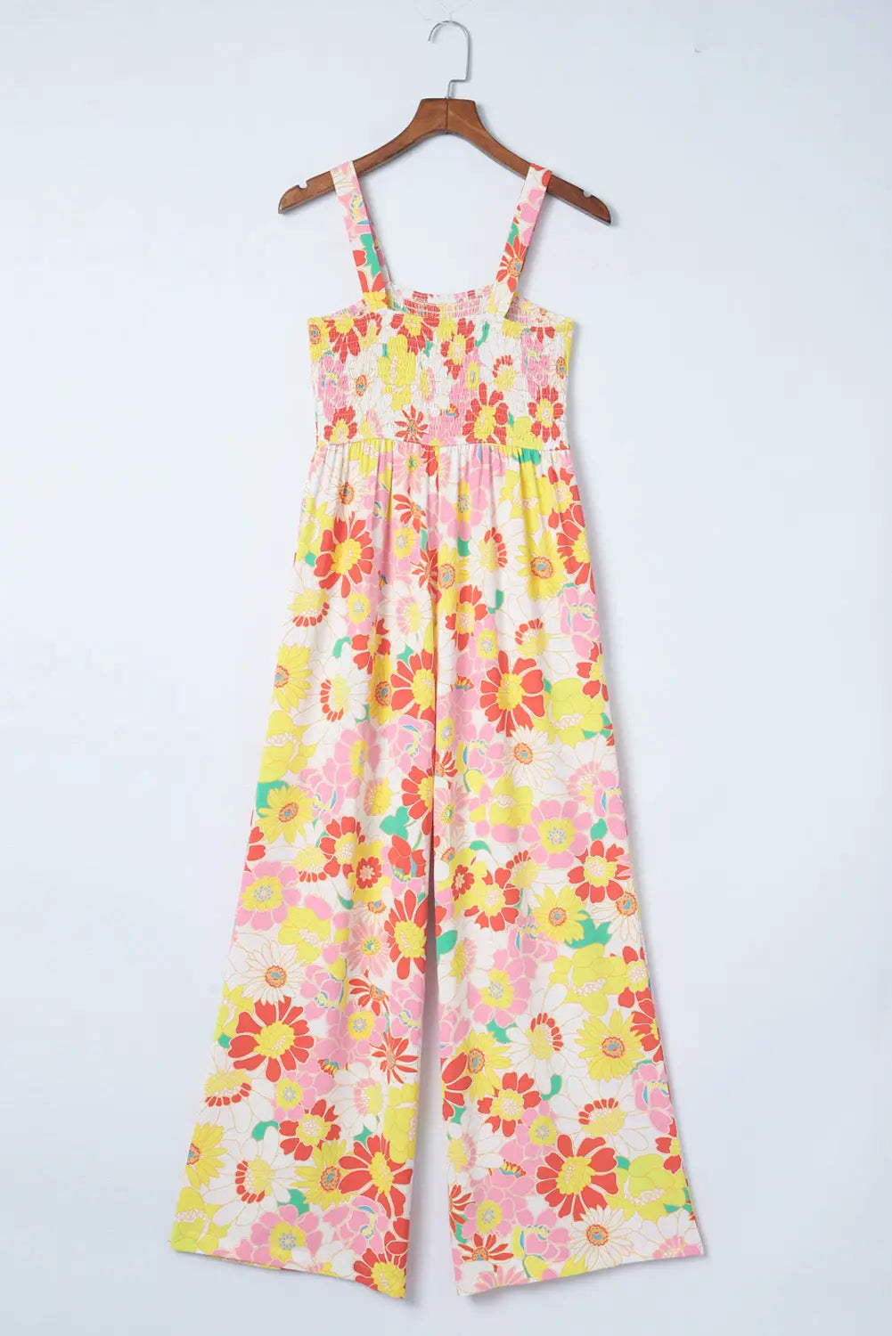 Multicolor floral print shirred sleeveless wide leg jumpsuit - jumpsuits & rompers