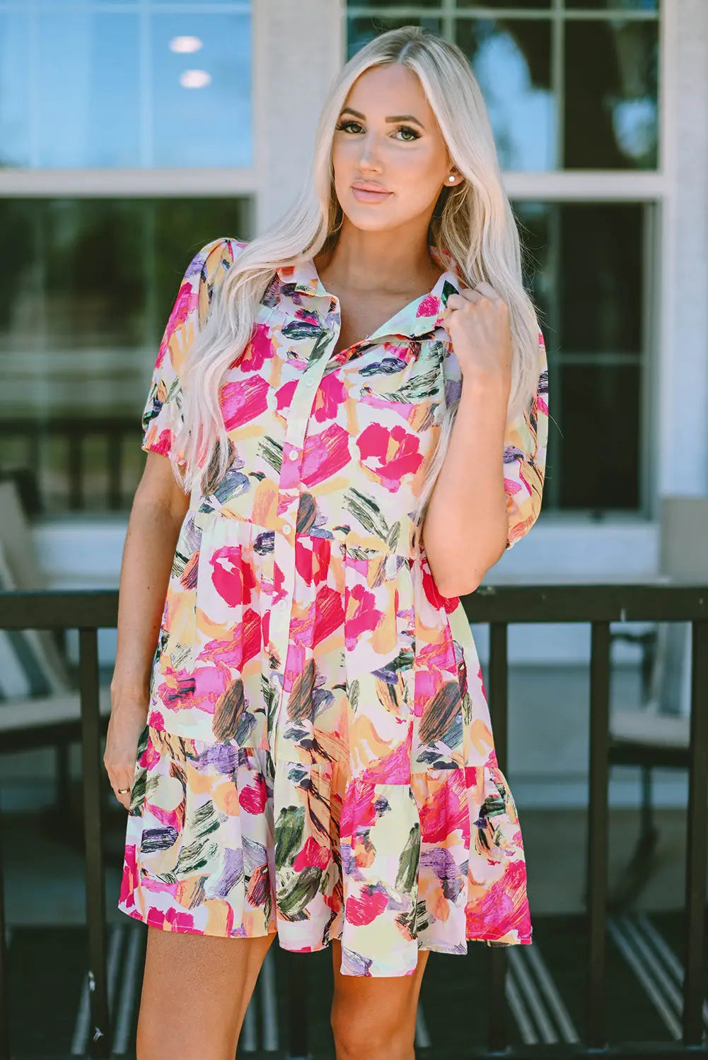 Multicolor floral print short sleeve shirt dress - mini dresses