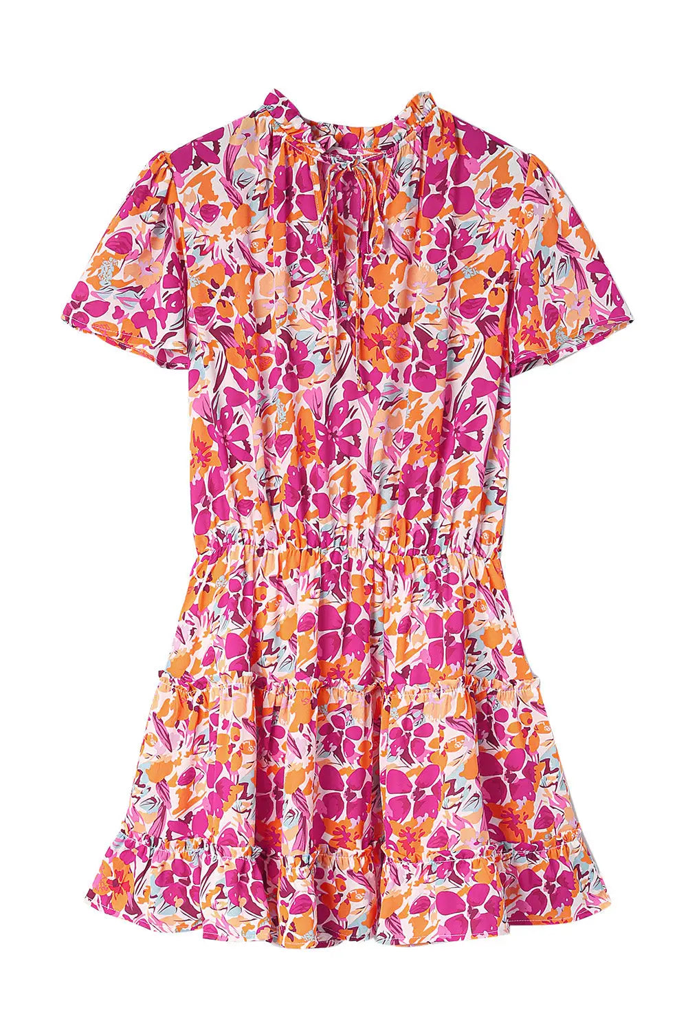 Multicolor floral print tie v neck ruffle mini dress - dresses