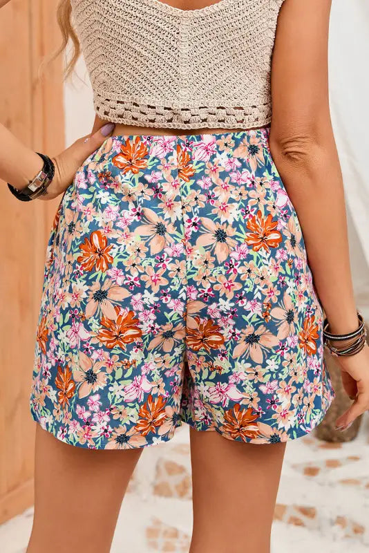 Multicolor floral print wide leg casual shorts