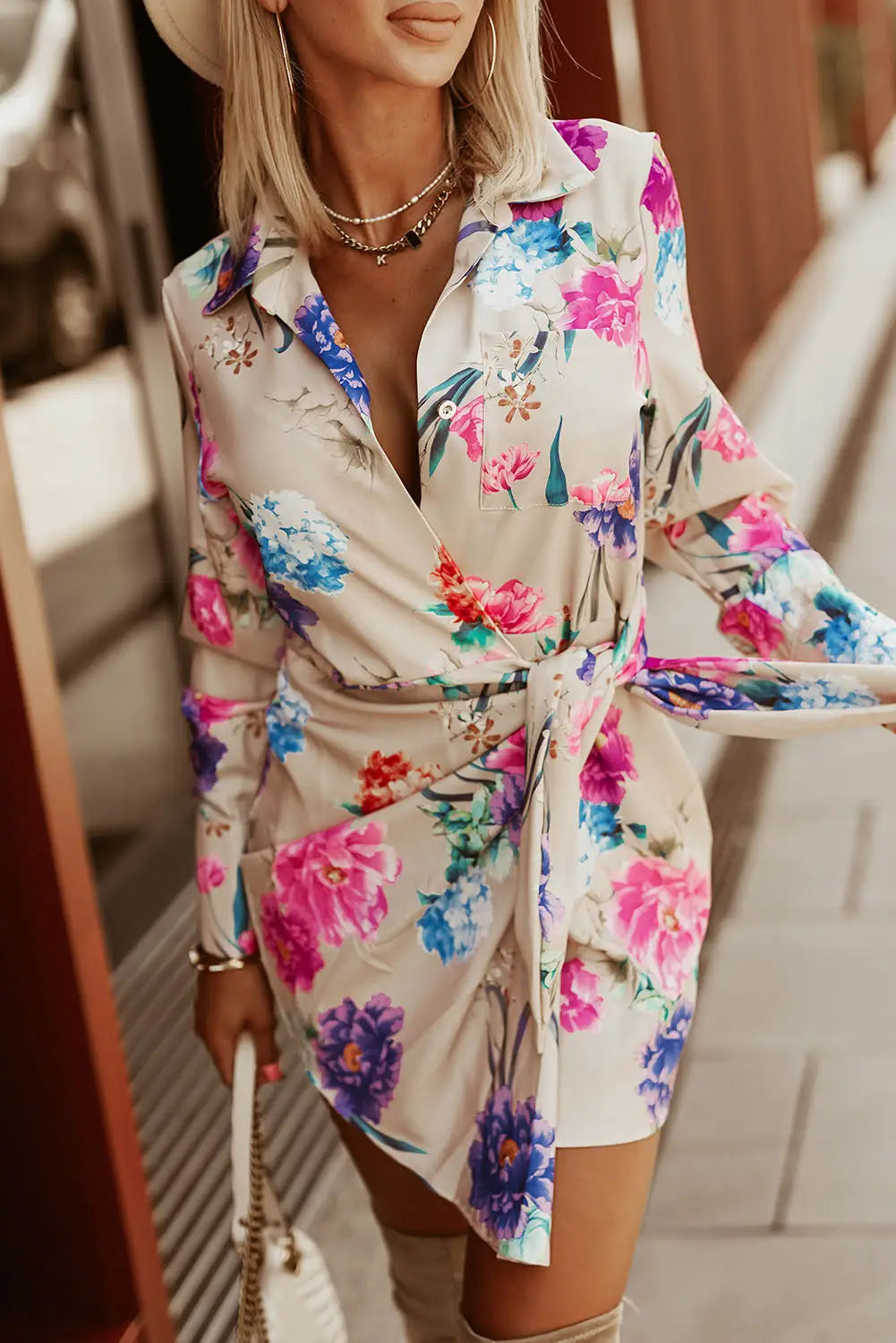 Multicolor floral print wrap tie mini shirt dress - s / 100% polyester - dresses