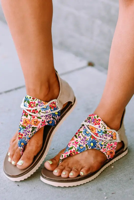 Multicolor floral print zipped flip flop sandals