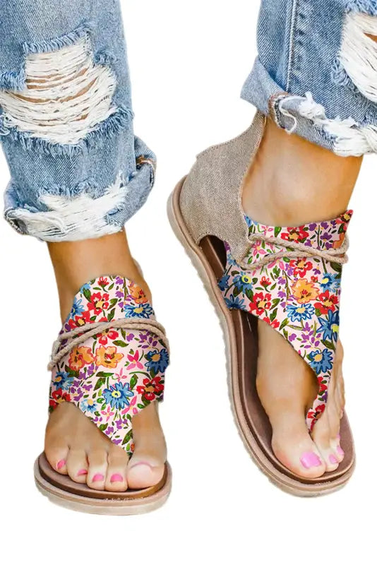 Multicolor floral print zipped flip flop sandals