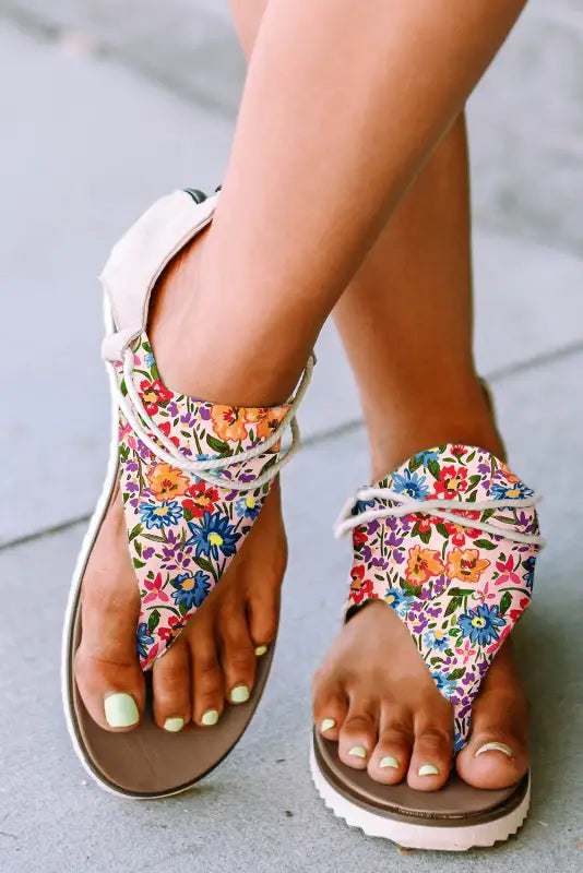 Multicolor floral print zipped flip flop sandals