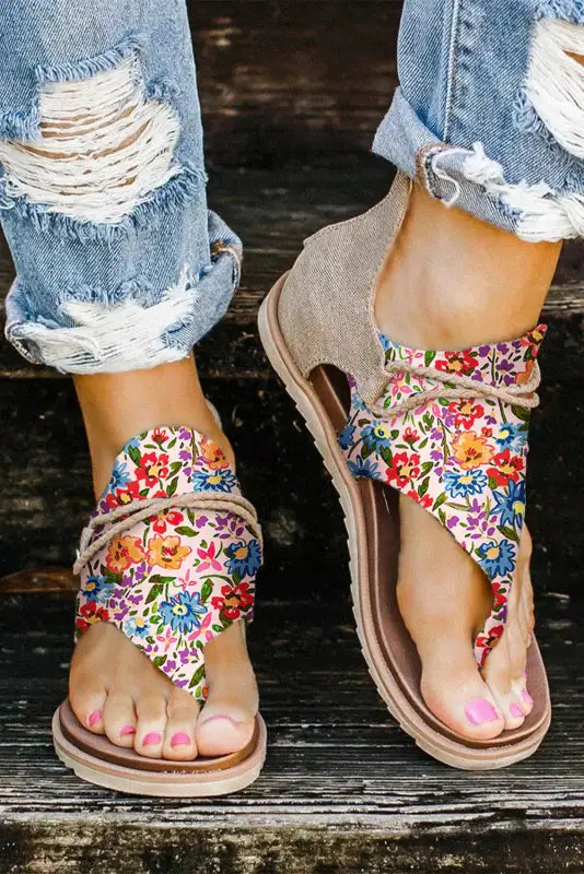 Multicolor floral print zipped flip flop sandals