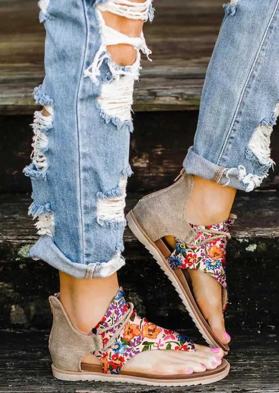 Multicolor floral print zipped flip flop sandals