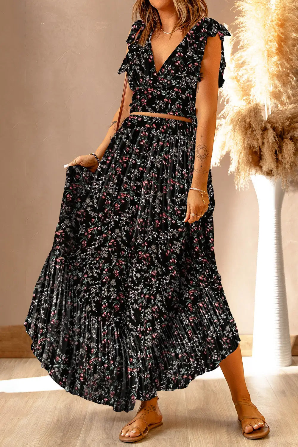 Multicolor floral ruffled crop top and maxi skirt set - black-2 / s / 100% polyester - two piece skirts