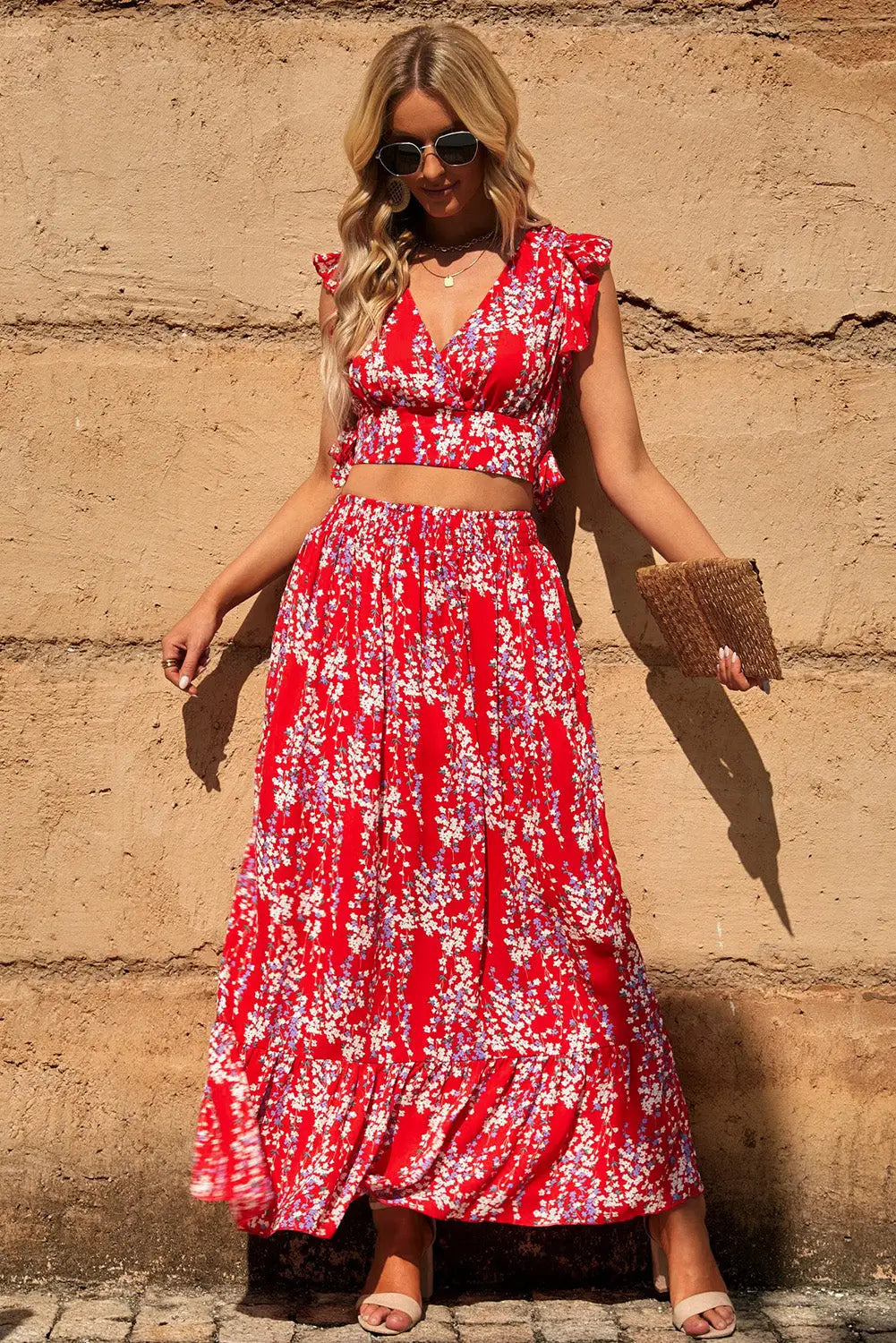 Multicolor floral ruffled crop top and maxi skirt set - two piece skirts