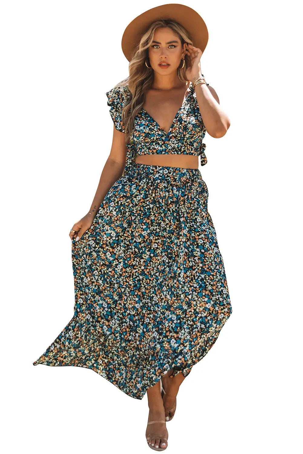 Multicolor floral ruffled crop top and maxi skirt set - two piece skirts