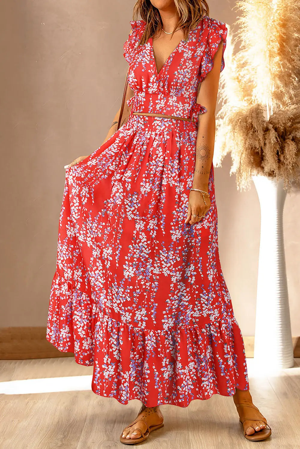 Multicolor floral ruffled crop top and maxi skirt set - red / s 100% polyester two piece skirts