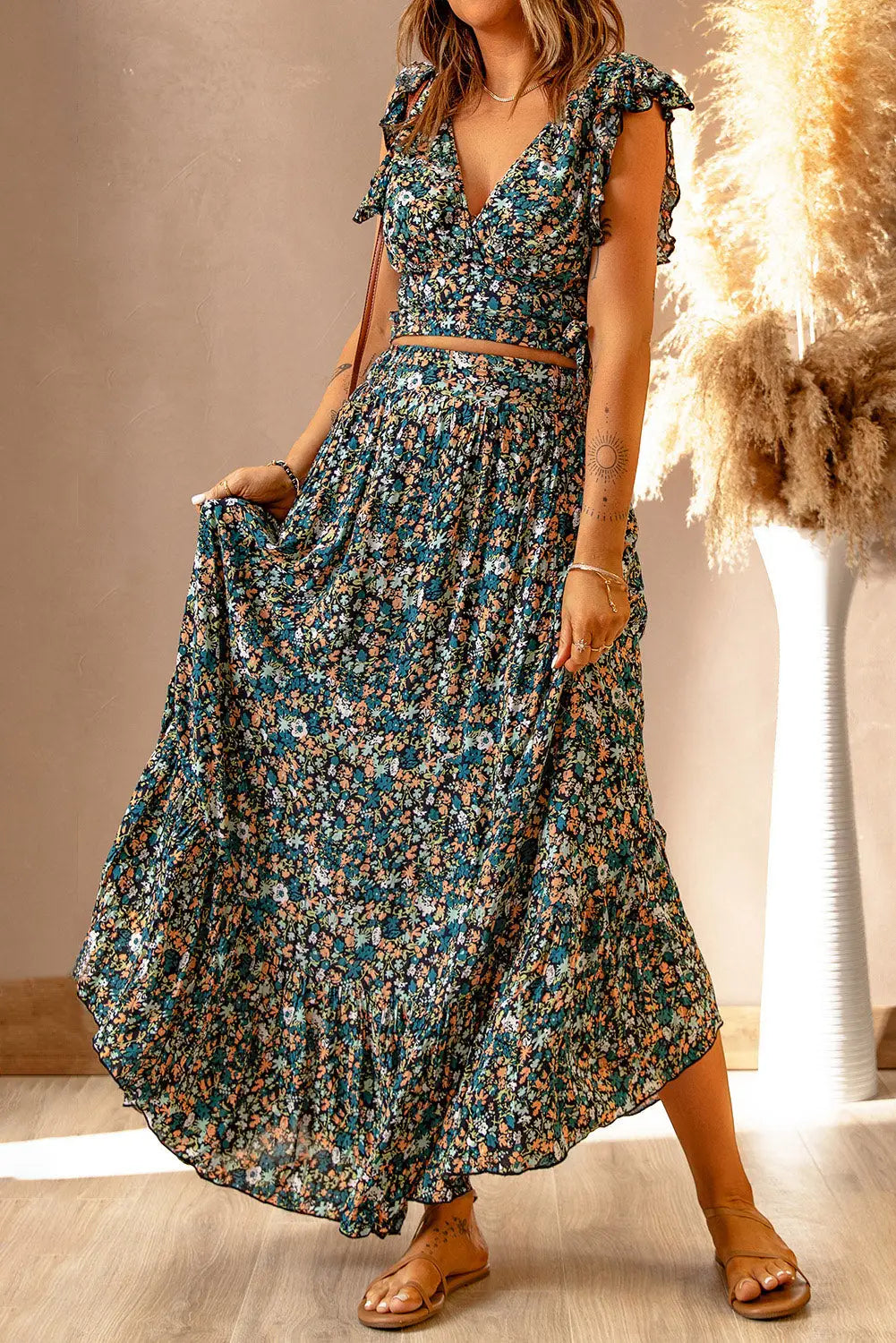 Multicolor floral ruffled crop top and maxi skirt set - s 100% polyester two piece skirts