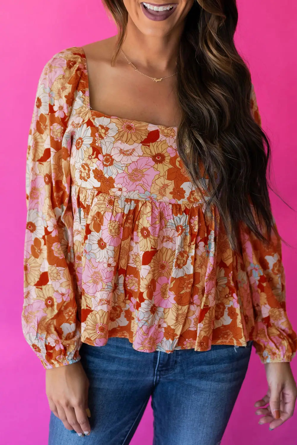 Multicolor floral square neck puff sleeve babydoll blouse - tops