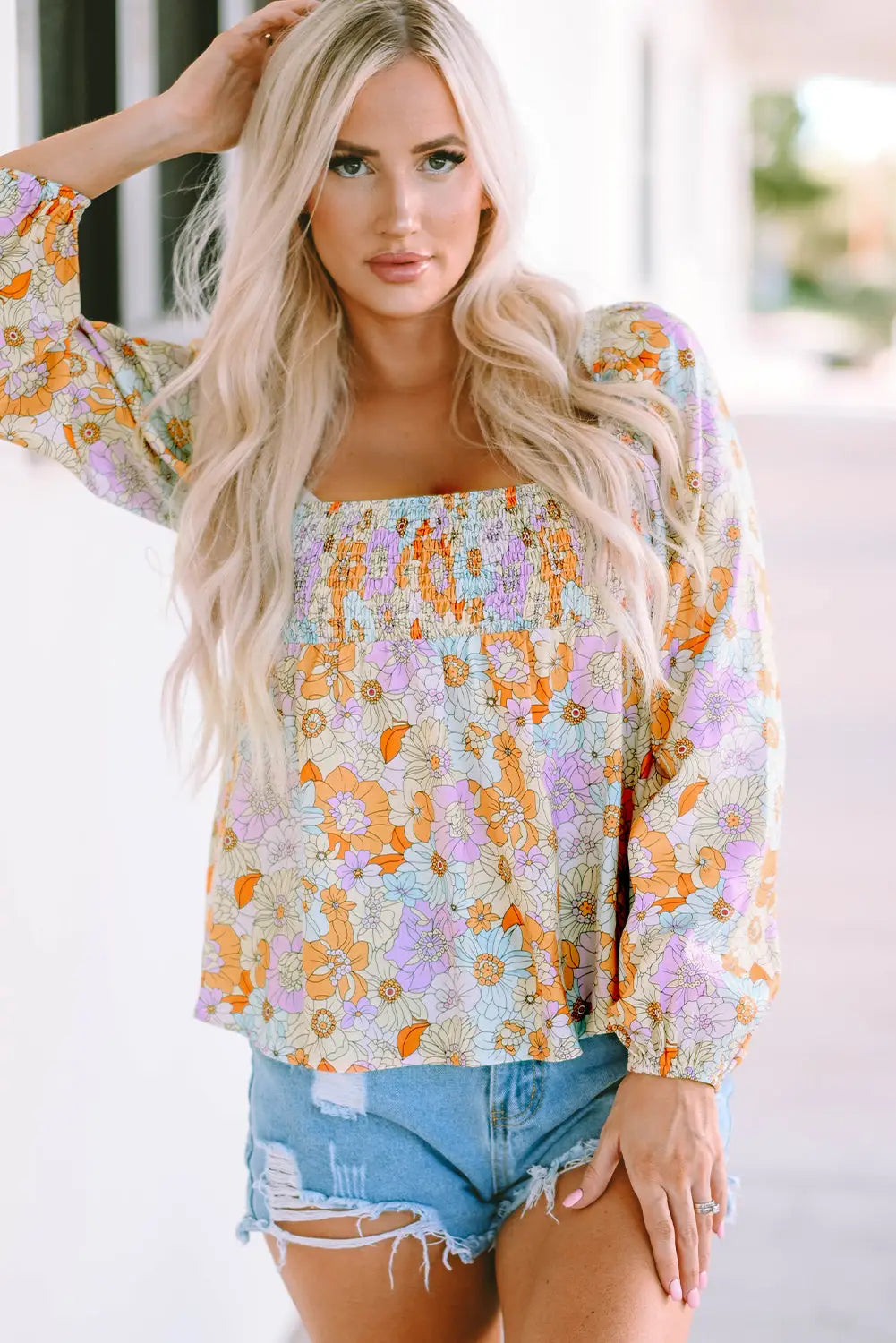 Multicolor floral square neck puff sleeve babydoll blouse - s / 100% polyester - tops