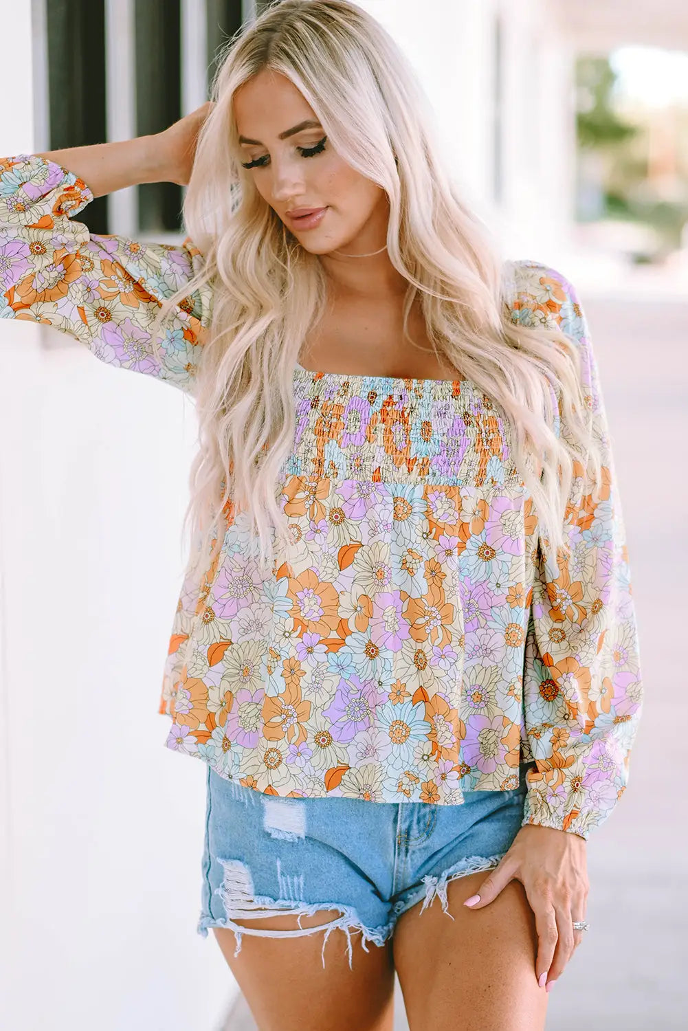 Multicolor floral square neck puff sleeve babydoll blouse - tops