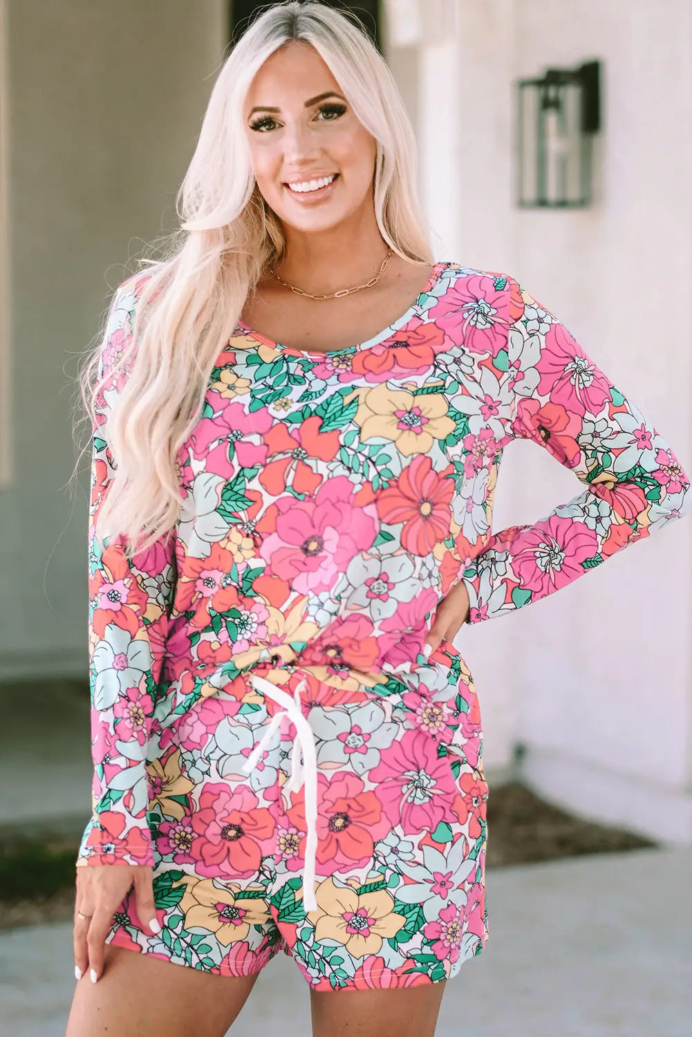 Multicolor flower print pullover and drawstring shorts lounge set - loungewear