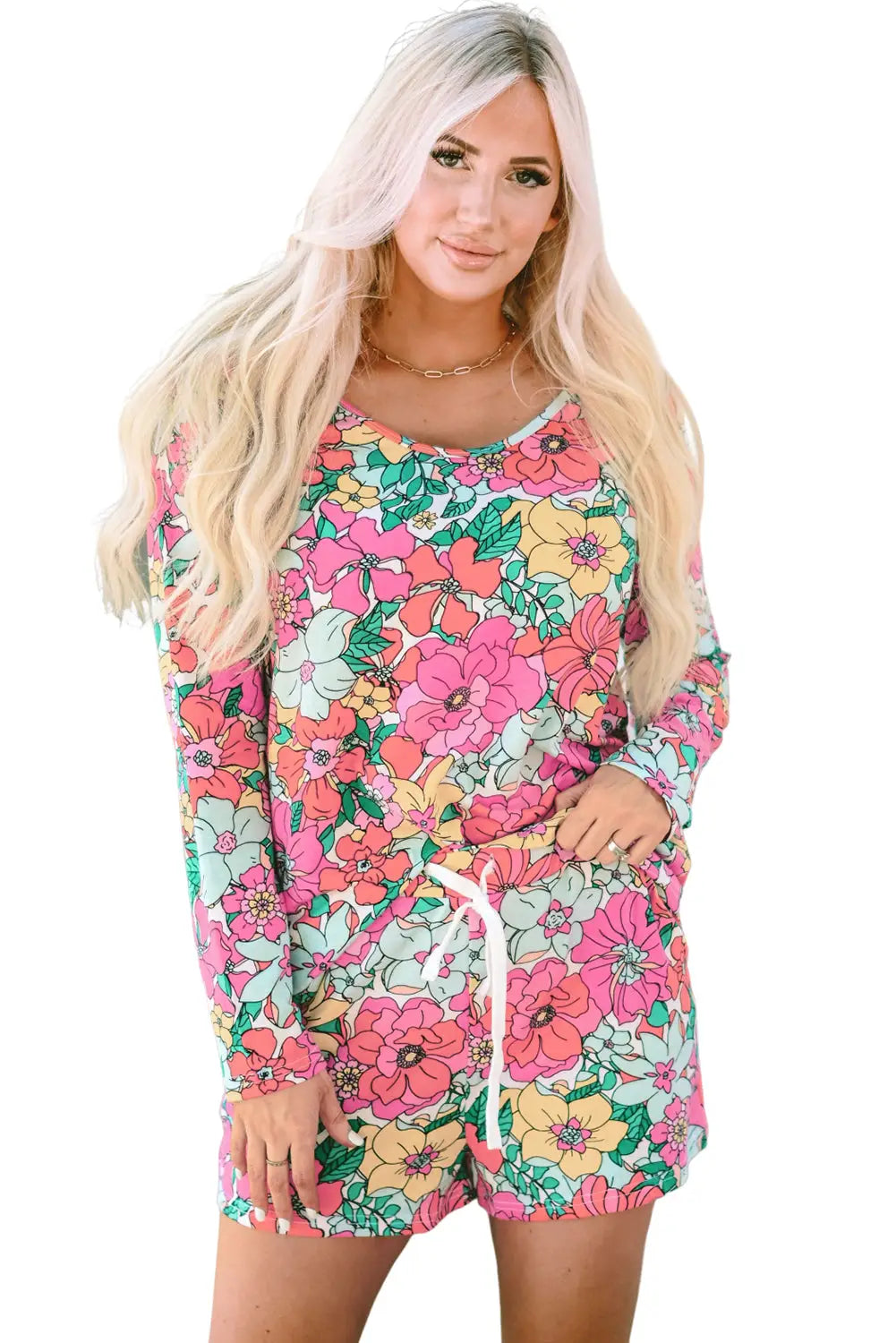 Multicolor flower print pullover and drawstring shorts lounge set - loungewear
