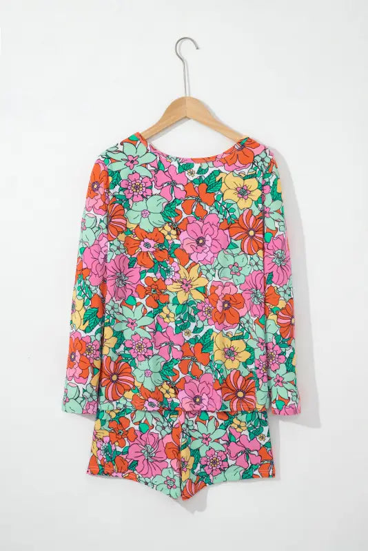 Multicolor flower print pullover and drawstring shorts