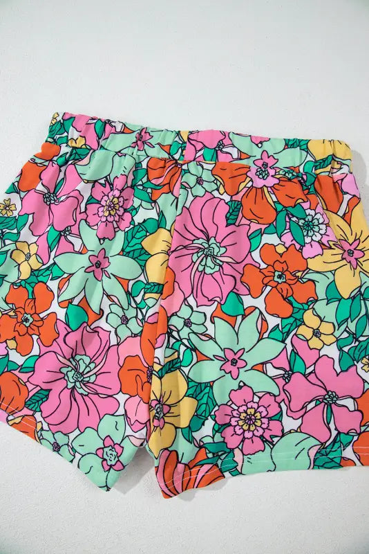 Multicolor flower print pullover and drawstring shorts