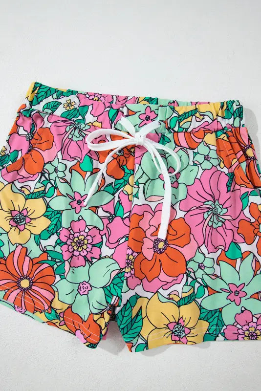 Multicolor flower print pullover and drawstring shorts