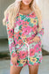 Multicolor flower print pullover and drawstring shorts