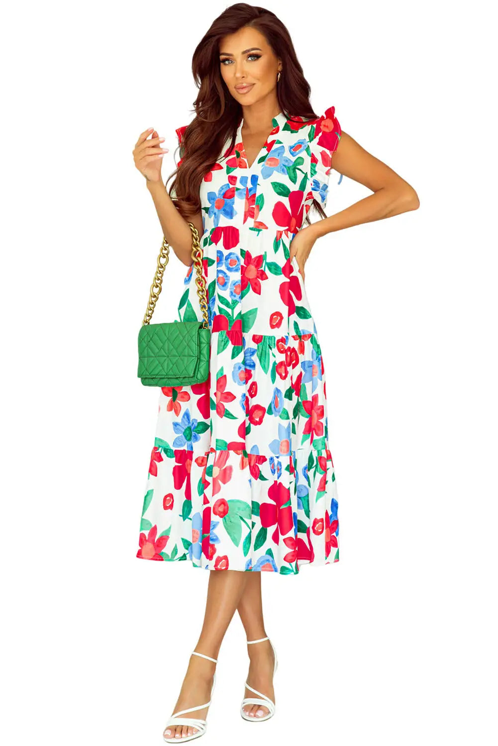 Multicolor flutter sleeve v neck high waist floral midi dress - dresses