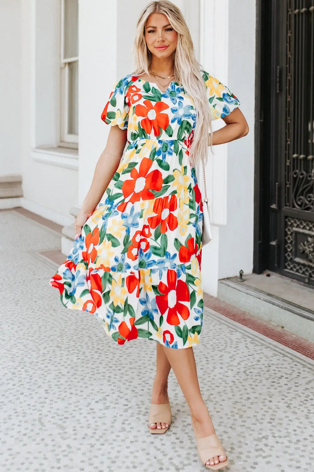 Multicolor flutter sleeve v neck high waist floral midi dress - multicolor1 / s / 100% polyester - dresses
