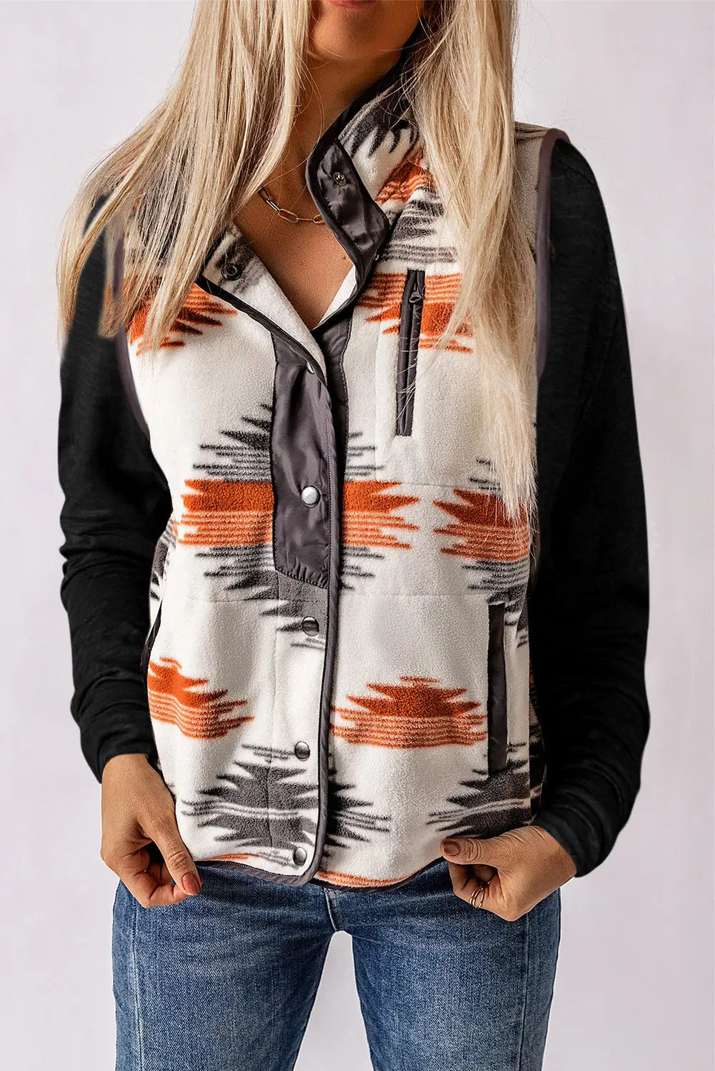 Multicolor fuzzy aztec western fashion vest jacket - outerwear
