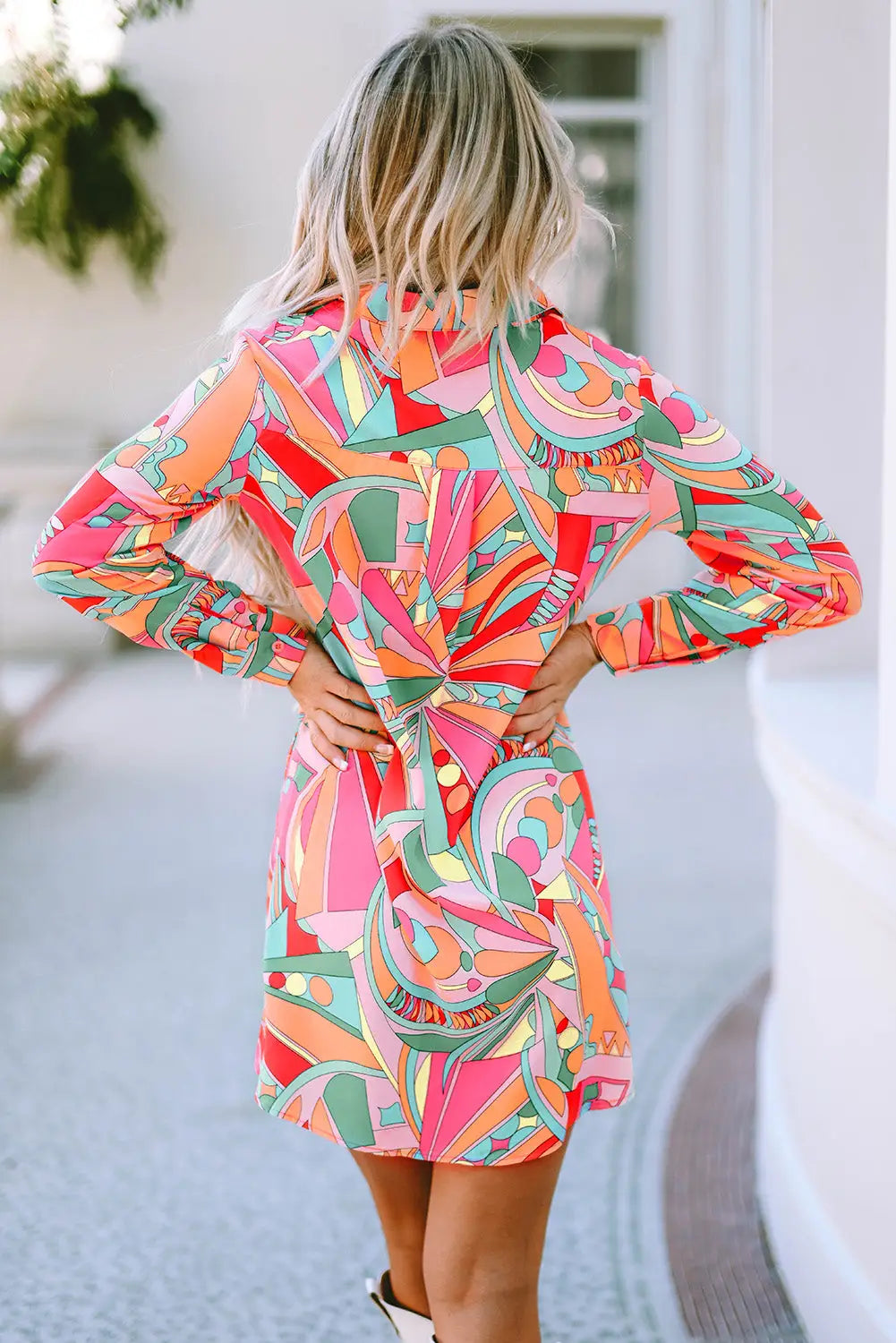 Multicolor geometric abstract print long sleeve shirt dress - mini dresses