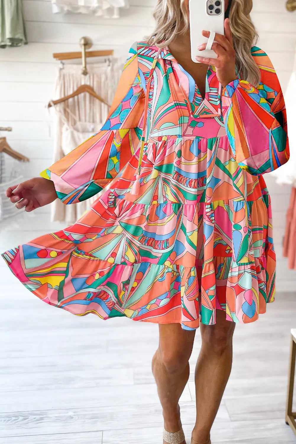 Multicolor geometric abstract print long sleeve shirt dress - multicolor5 / s / 100% polyester - mini dresses
