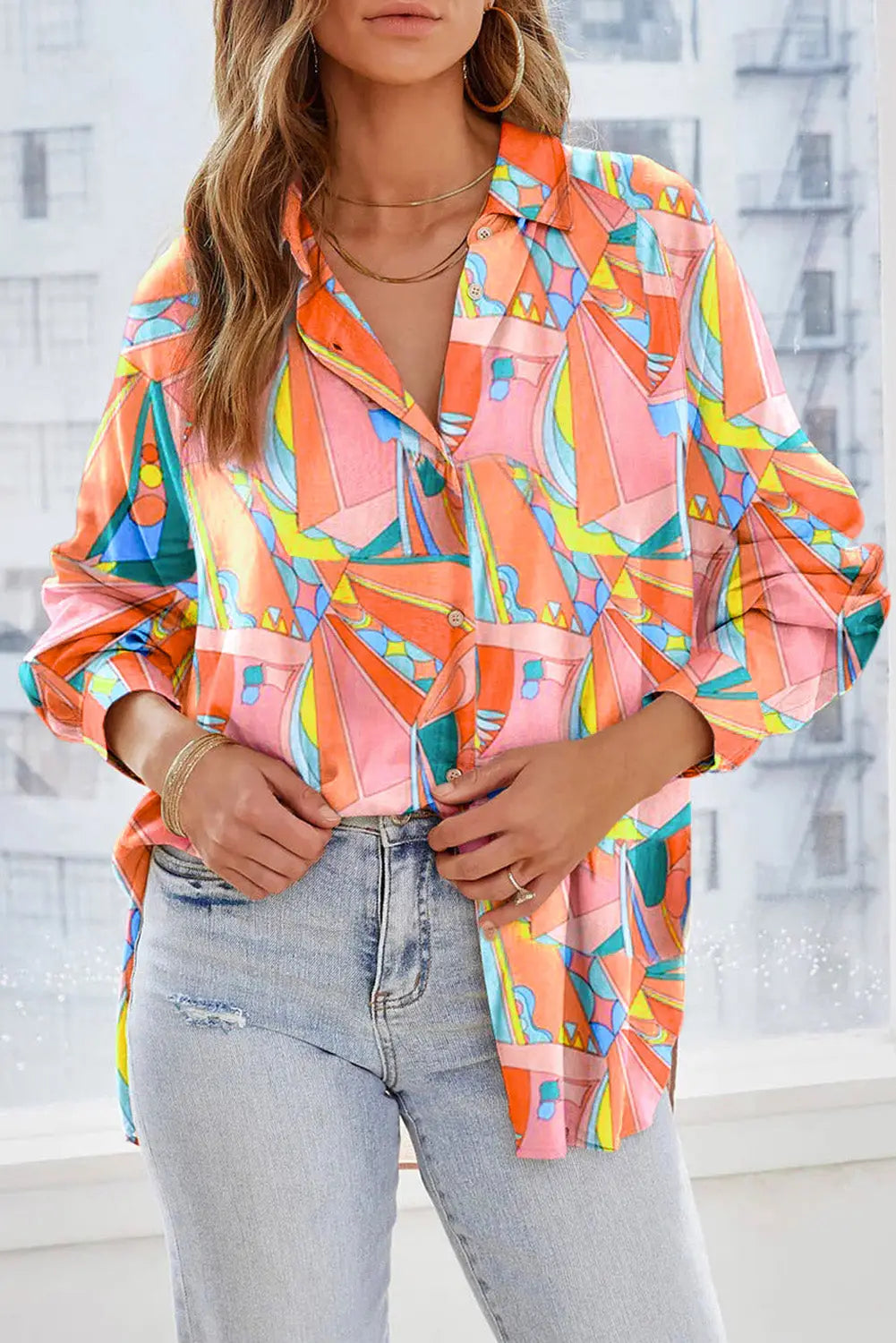 Multicolor geometric abstract print long sleeve shirt dress - multicolor6 / s 100% polyester mini dresses