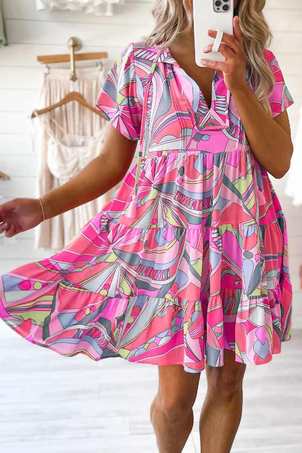 Multicolor geometric abstract print long sleeve shirt dress - pink / s / 100% polyester - mini dresses