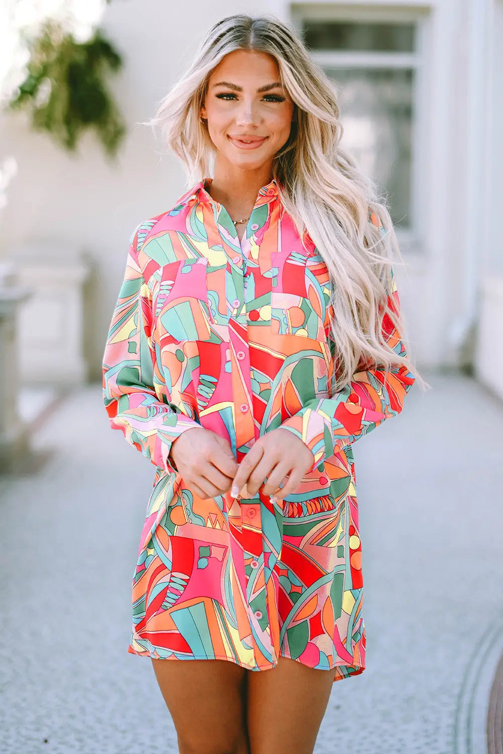 Multicolor geometric abstract print long sleeve shirt dress - s 100% polyester mini dresses