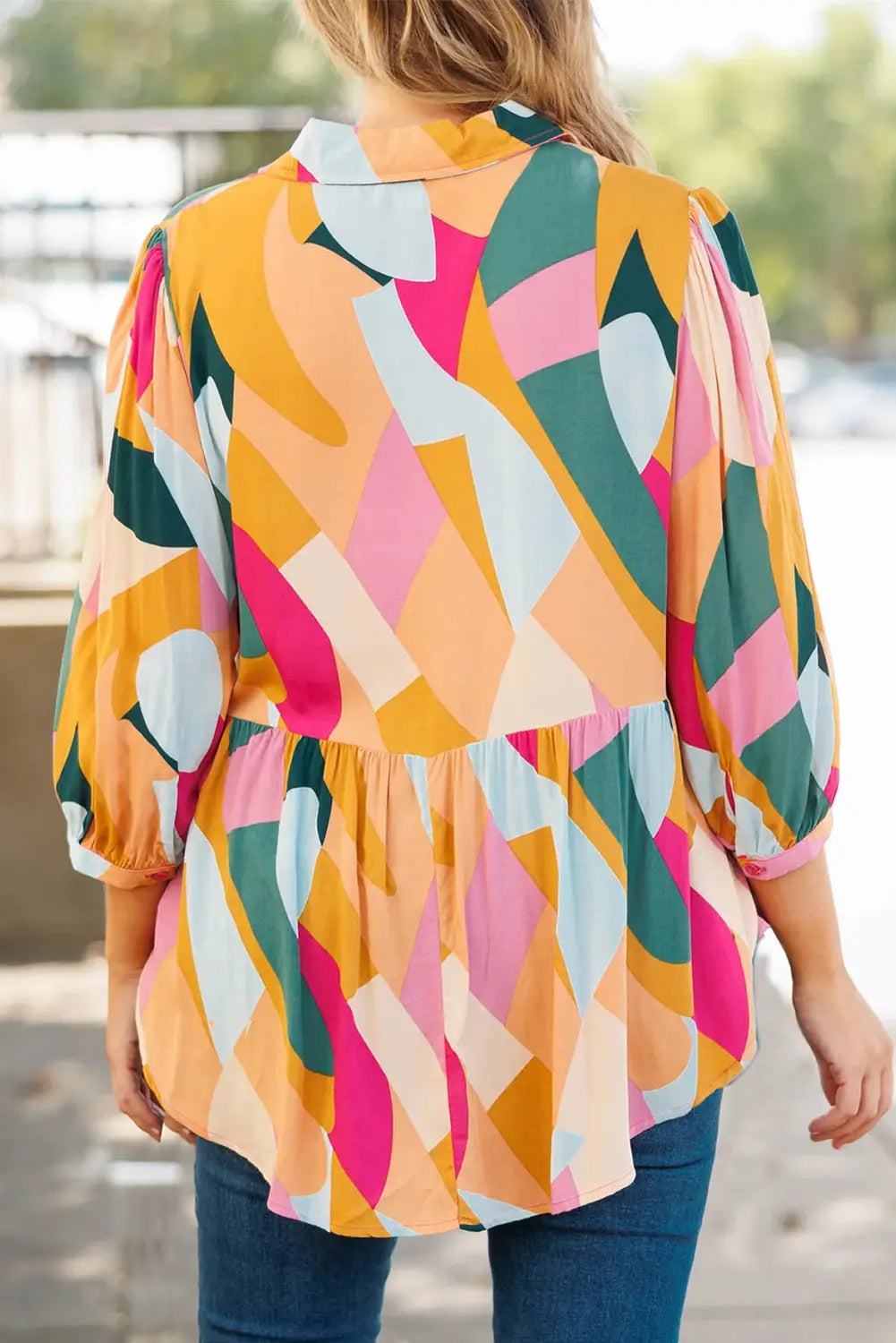 Multicolor geometric print bracelet sleeve henley blouse - blouses & shirts