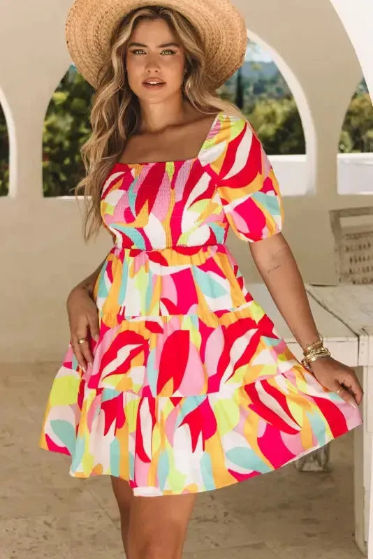 Multicolor Geometric Print Smocked Babydoll Mini Dress - Fashionfitz
