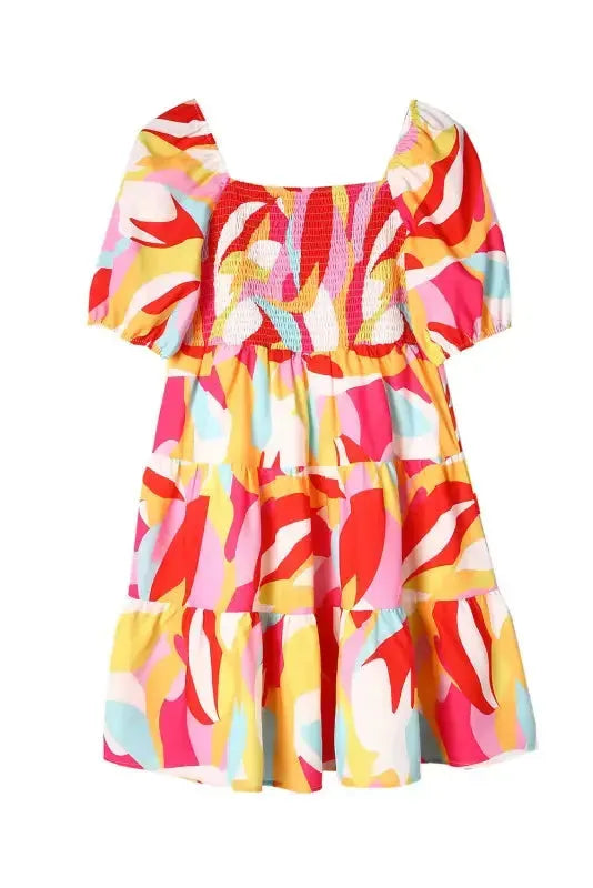 Multicolor Geometric Print Smocked Babydoll Mini Dress - Fashionfitz