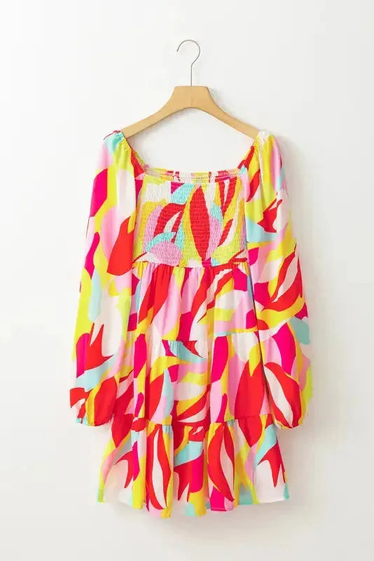 Multicolor Geometric Print Smocked Babydoll Mini Dress - Fashionfitz