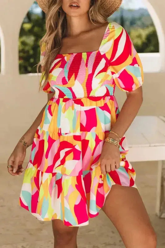 Multicolor Geometric Print Smocked Babydoll Mini Dress - Fashionfitz