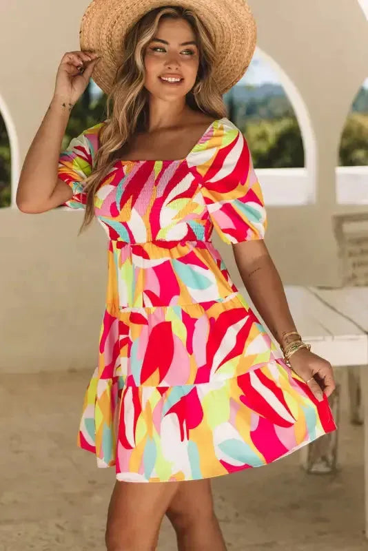 Multicolor Geometric Print Smocked Babydoll Mini Dress - Fashionfitz