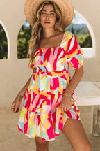 Multicolor Geometric Print Smocked Babydoll Mini Dress - Fashionfitz