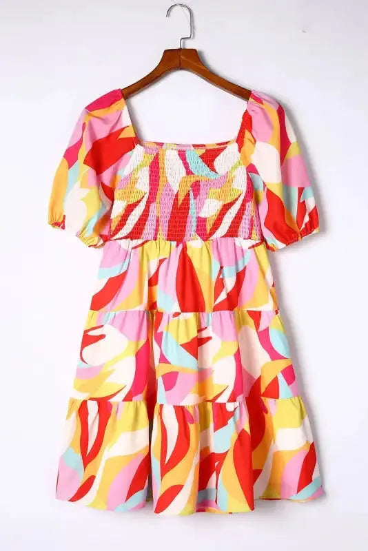 Multicolor Geometric Print Smocked Babydoll Mini Dress - Fashionfitz