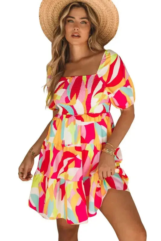 Multicolor Geometric Print Smocked Babydoll Mini Dress - Fashionfitz