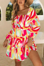 Multicolor Geometric Print Smocked Babydoll Mini Dress - Fashionfitz