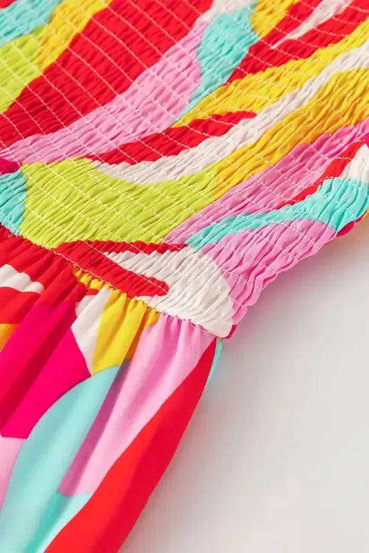 Multicolor Geometric Print Smocked Babydoll Mini Dress - Fashionfitz