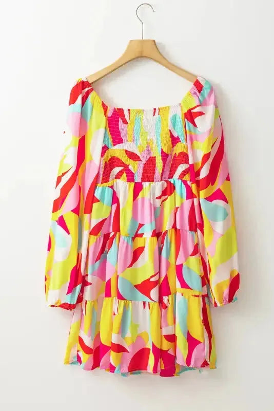 Multicolor Geometric Print Smocked Babydoll Mini Dress - Fashionfitz