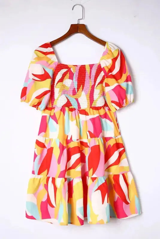 Multicolor Geometric Print Smocked Babydoll Mini Dress - Fashionfitz