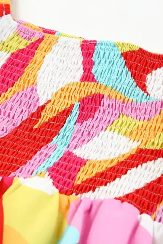 Multicolor Geometric Print Smocked Babydoll Mini Dress - Fashionfitz