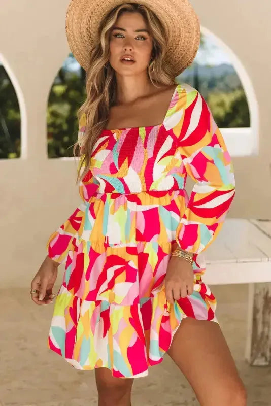 Multicolor Geometric Print Smocked Babydoll Mini Dress - Fashionfitz