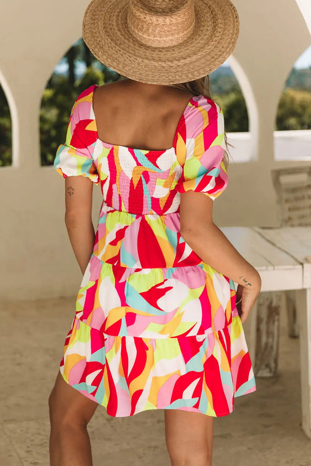 Multicolor geometric print smocked babydoll mini dress -